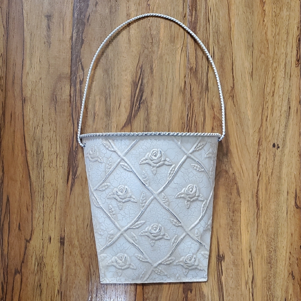 Cream Floral Embossed Metal Wall Pocket Decor Faux Plant Holder